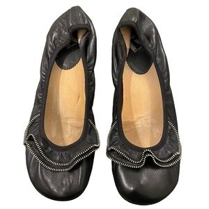 Report - Black Genuine Leather Flats with Silver Zipper Style Ruffle - Size 8